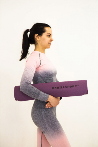 Коврик для йоги и фитнеса TPE 183*61*0.6 см, 2-слойный, OHS, фиолетово-розовый фото 16