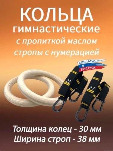 Кольца гимнастические 30 мм со стропами 38 мм с пропиткой
